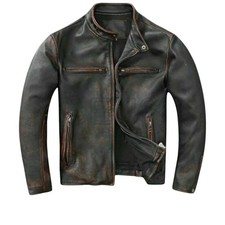 Motorcycle Vintage Style Cafe Racer Distressed Black Biker Real Leather Jacket