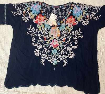 NWT Johnny Was Navy Multicolor Floral Embroidered V-Neck 3/4 Blouse Small 