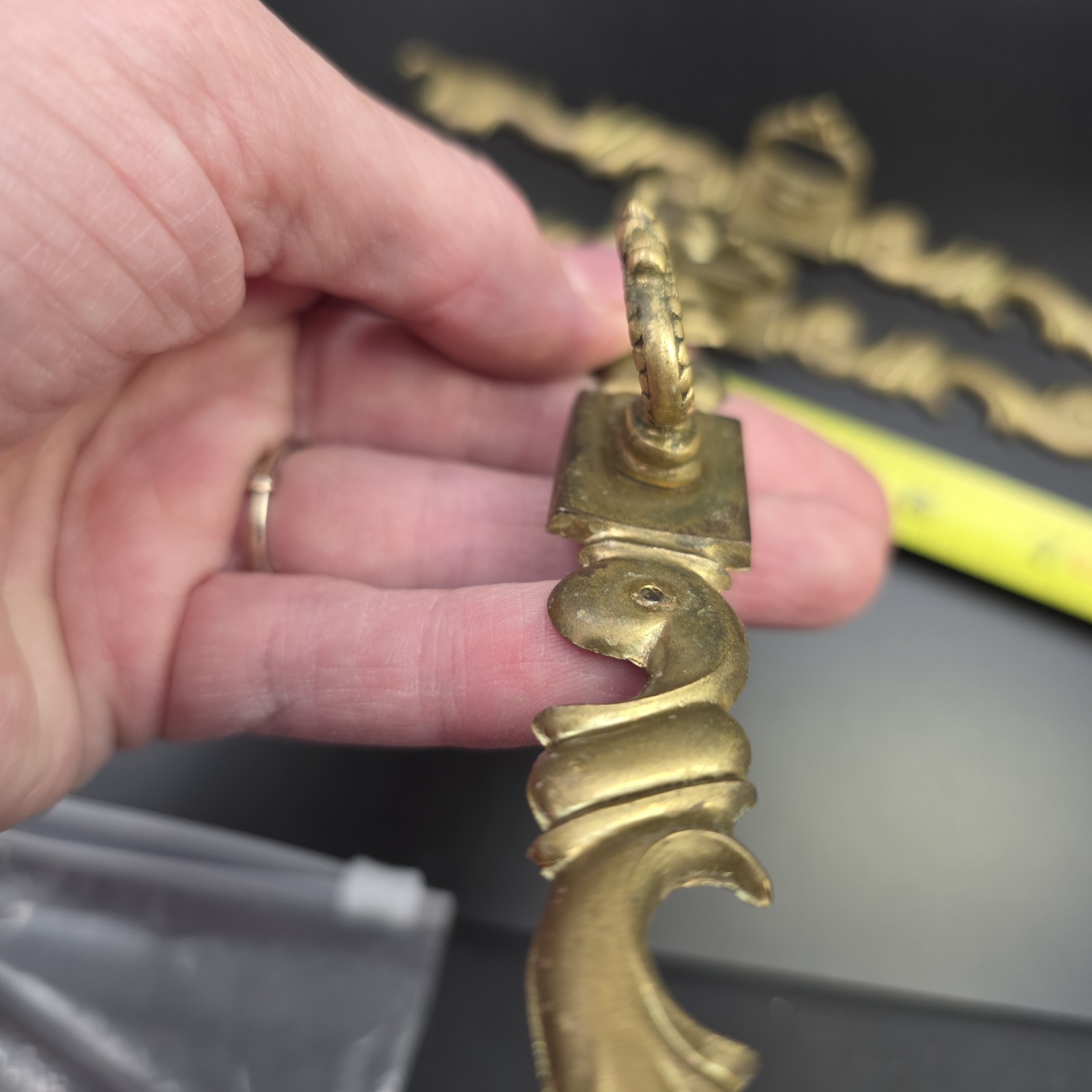 Vintage Ornate Brass Drawer Pulls Set of 3 ~ 7.75" Escutcheon Plates Ring Handle