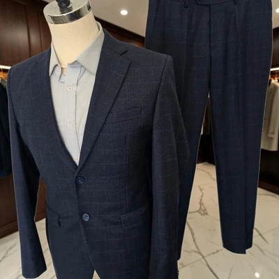 Bespoke Blue Flannel Wool Suit 38r 32x31 Windowpane Dual Vent GU Custom Tailored - Image 1 of 4