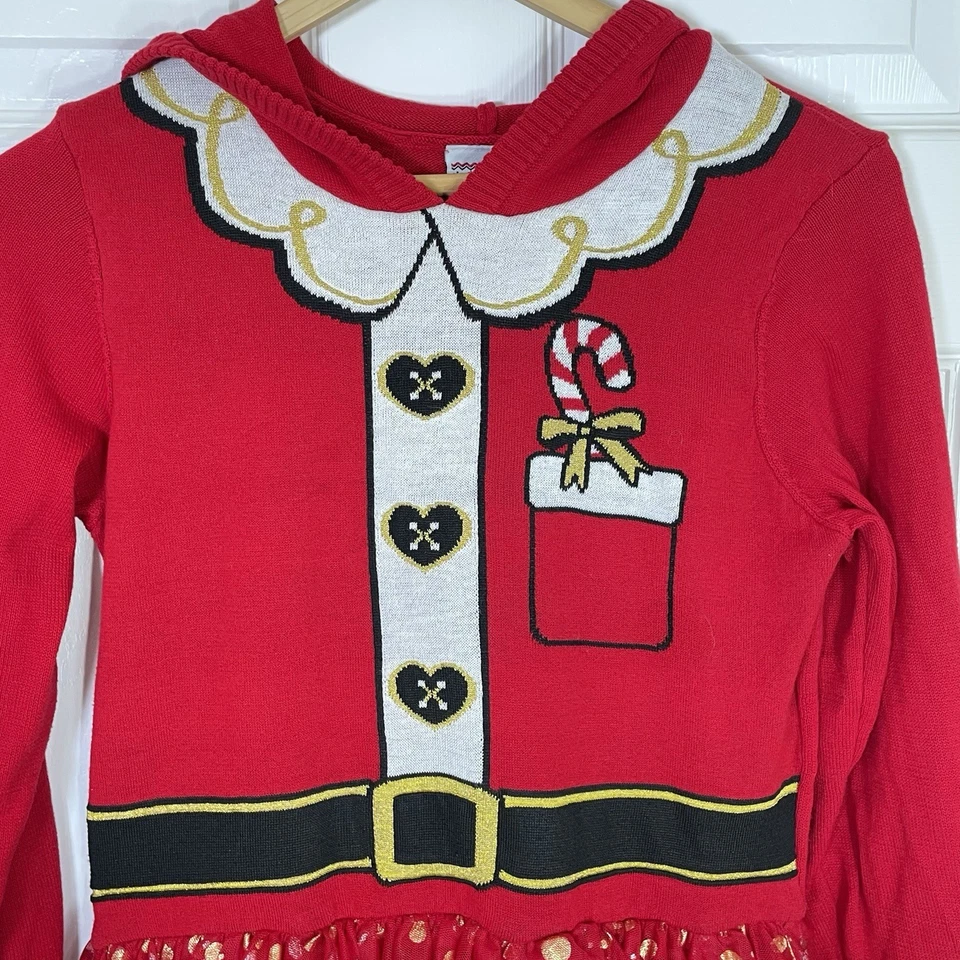 Bien Usado Vacaciones Niñas XL Navidad Suéter Vestido Festivo Rojo Dorado Tul Falda Foto 2 de 4