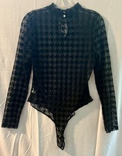 Iris Black Flocked Sheer Long Sleeve Bodysuit - Size Large