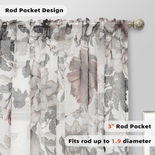 Floral Sheer Curtains for Living Room Brown Flower Spring Printed Sheer Drape... - Picture 2 of 8