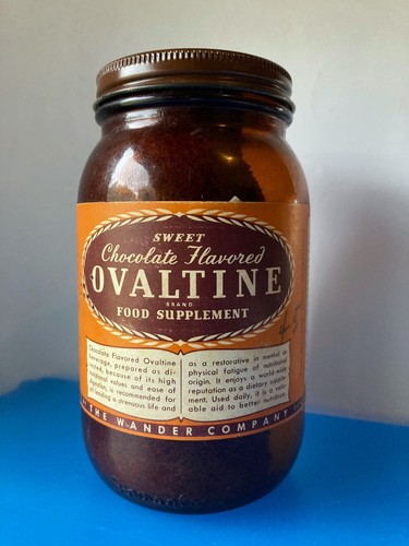 Clean Vintage Ovaltine Chocolate 6 oz  Amber Jar some contents Wander Company
