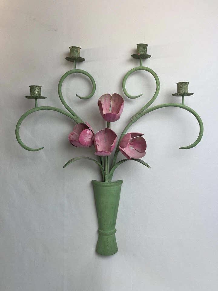 Antique Italian Tole Pink Tulip floral Candelabra Sconce Italy shabby chic vtg - Image 3 of 4