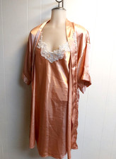 Petra Fashions Elegant 2Pc Peach Satin Lace Robe Nightgown sz L Made in USA
