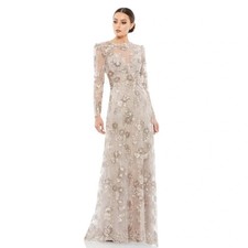 Mac Duggal Taupe Beige Floral Embroidered Illusion Long Sleeve Gown Size 16 798