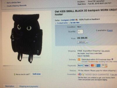 Owl KIDS SMALL BLACK 3D backpack MORN CREATIONS bag INFANT
