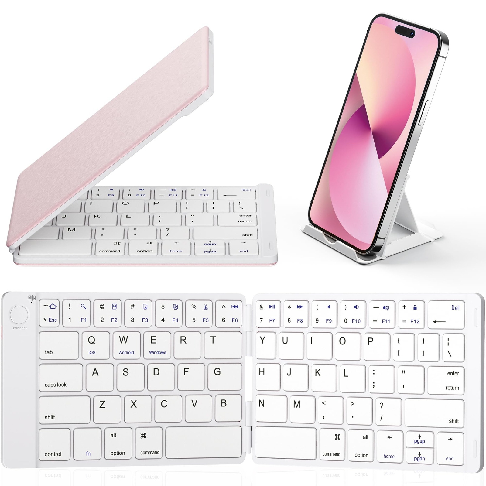 Foldable Bluetooth Keyboard with Stand Holder for iOS PC in White or Pink