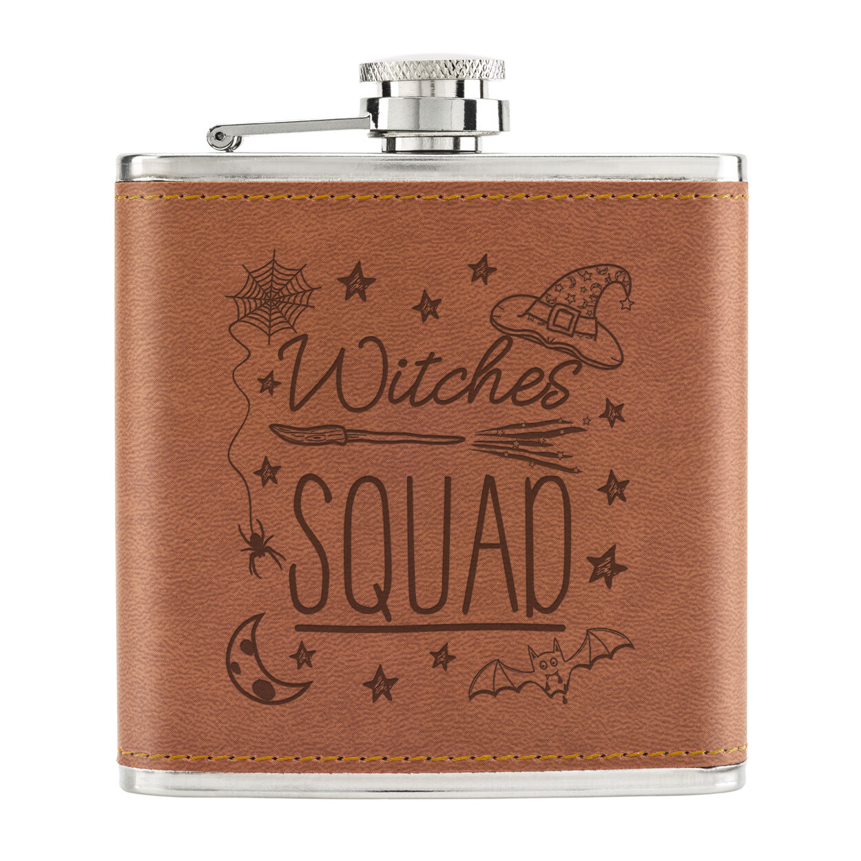 Witches Squad Halloween 6oz PU Leather Hip Flask Tan Spooky Ghost Pumpkin Funny