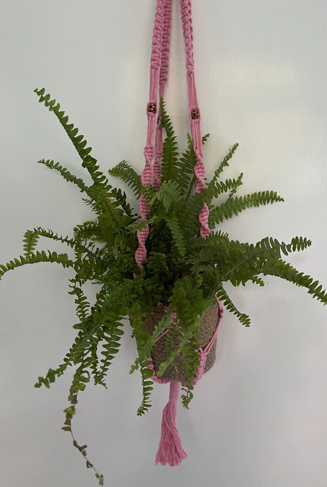 Macrame Plant Hanger Indoor Flower Pot Holder Pink Cotton Cord Handmade