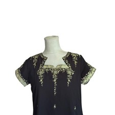 Elegant Black Chiffon Kaftan Dress With Gold Floral Embroidery  Short Sleeves S