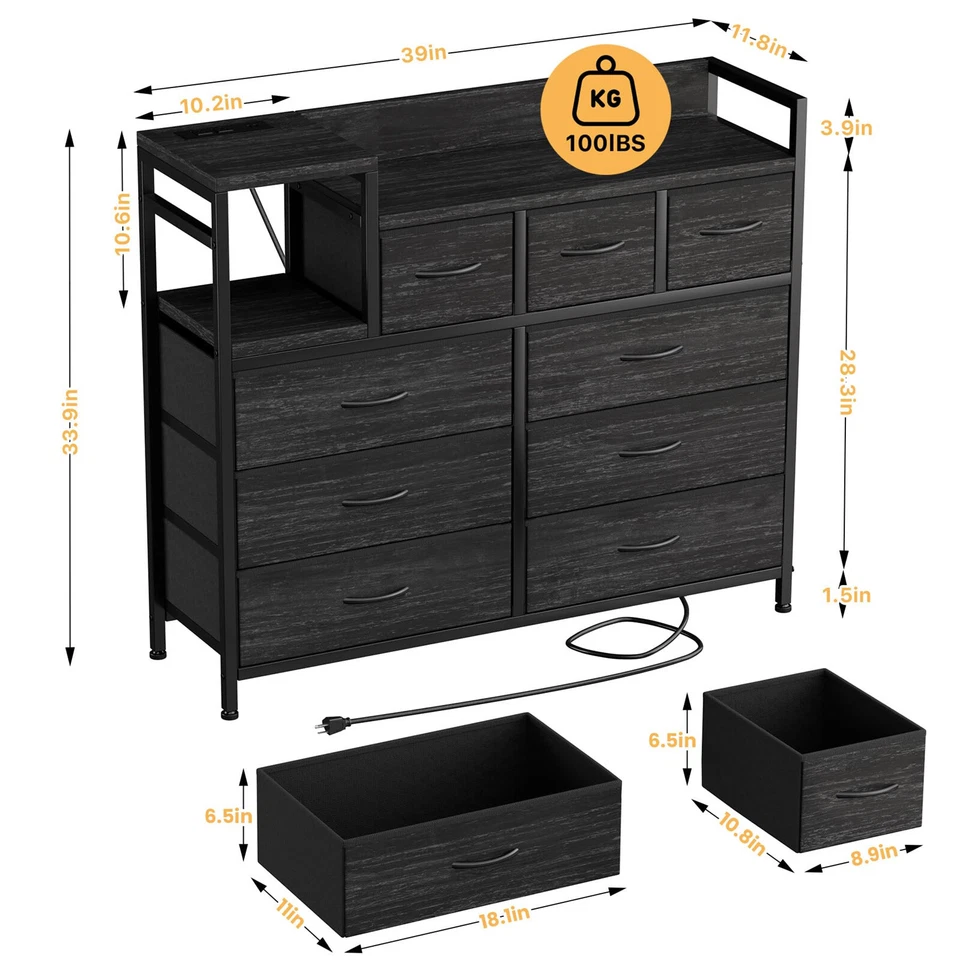 Suporte de TV cômoda com tomada elétrica suporte de TV com estação de carregamento cômoda com 9 gavetas - Imagem 4 de 4