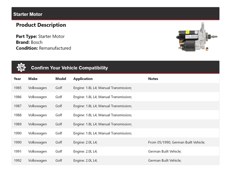 Arranque para Volkswagen Golf Bosch 1985-1992 (remanufacturado) 1986 1987 1988 1989 Foto 2 de 4