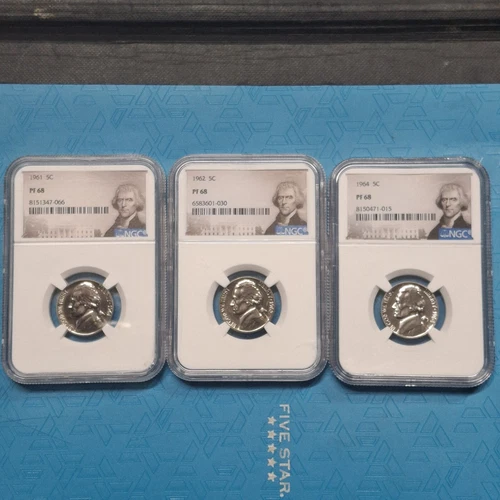 1961 1962 1964 Proof Jefferson Nickel 5c NGC PF68 Portrait Label Lot