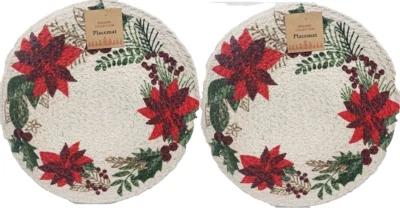HOME CONCEPTS OF NIDICO Set of 2 Round Braided Cotton Placemats (15") CHRISTMAS POINSETTIA FLOWERS, HC
