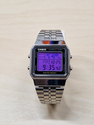 PURPLE   Casio Classic World Time Silver A500WE Mod Custom Retro Vintage Watch