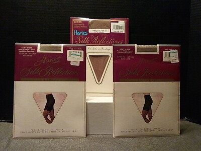 Vtg 80s/90's HANES Silk Reflection Control Top Sandlefoot Pantyhose 3pc USA  
