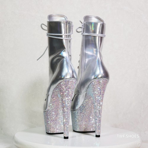 Bejeweled Silber Strass Plateau Schnürstiefeletten 7" High Heels  - Bild 9 von 11