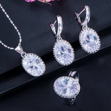 Silver Plated Big Cut CZ Zircon Oval Pendant Necklace Earrings Ring Jewelry Set