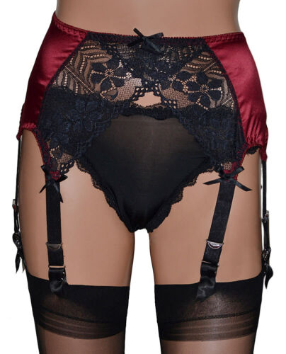 Red 8 Strap Suspender Belt in Satin with Black Lace Front in Deep Retro Stye - Afbeelding 1 van 2