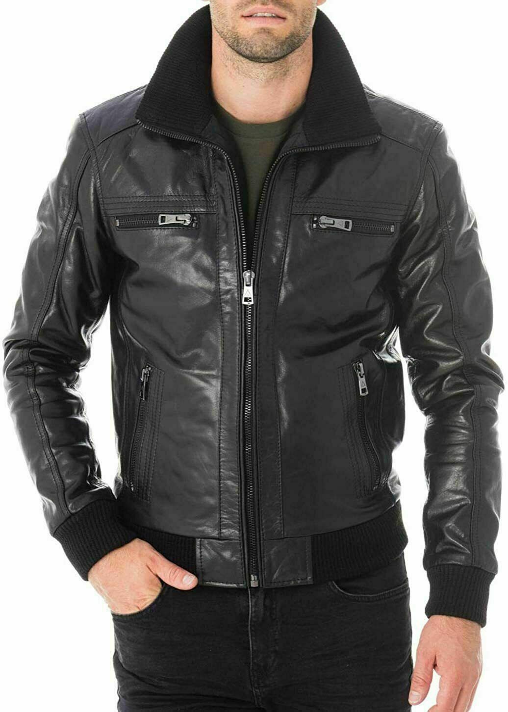 ALTRA Giacca cappotto nero da uomo in vera pelle d'agnello premium a costine slim fit biker