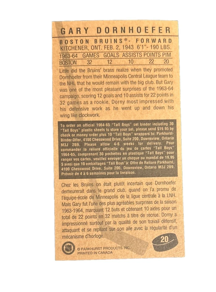 1994 Parkhurst Parkies 1964-65 Design Tall Boys - #20 Gary Dornhoefer Autograph - Image 2 of 2