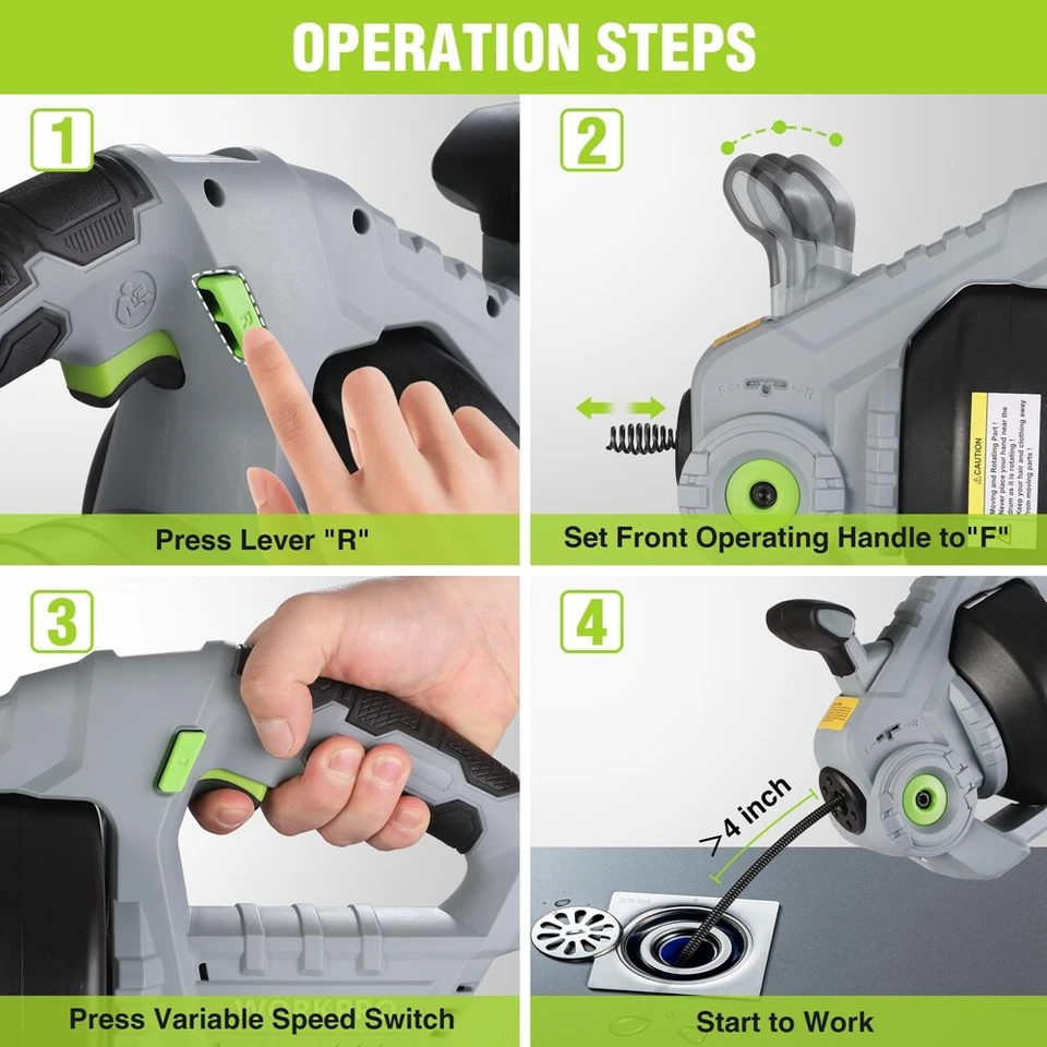 WORKPRO 20V NEW Electric Drain Auger 25Ft Plumbing Snake Drain Hair 3/4"-2" Pipe - Image 4 of 4