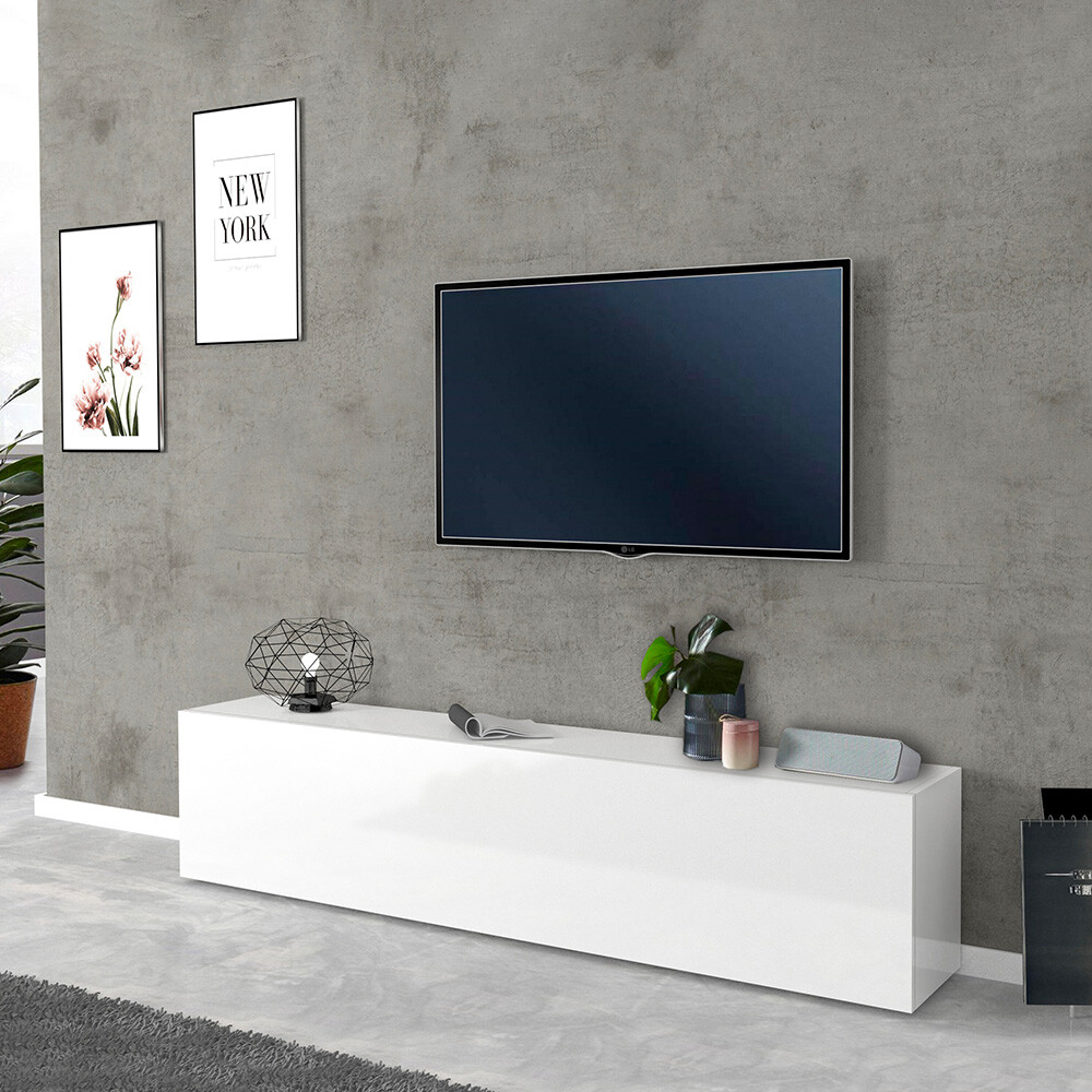 Mueble de TV salón 180 cm 1 puerta 2 compartimentos blanco brillante Joy Low