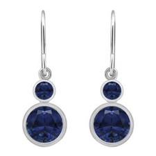 Bezel Set Blue Sapphire 925 Sterling Silver Dual Stone Women Dangle Earrings
