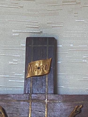 Vintage France Church Brass Inlay Wood Cross Crucifix Metal Jesus Corpus 11.75” - Picture 2 of 8