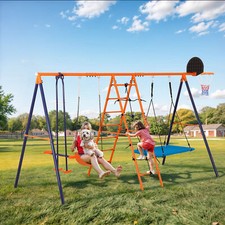 6-in-1 Outdoor Kids Swing Set Multifunction Playsets w/Climbing Ladder and Swing