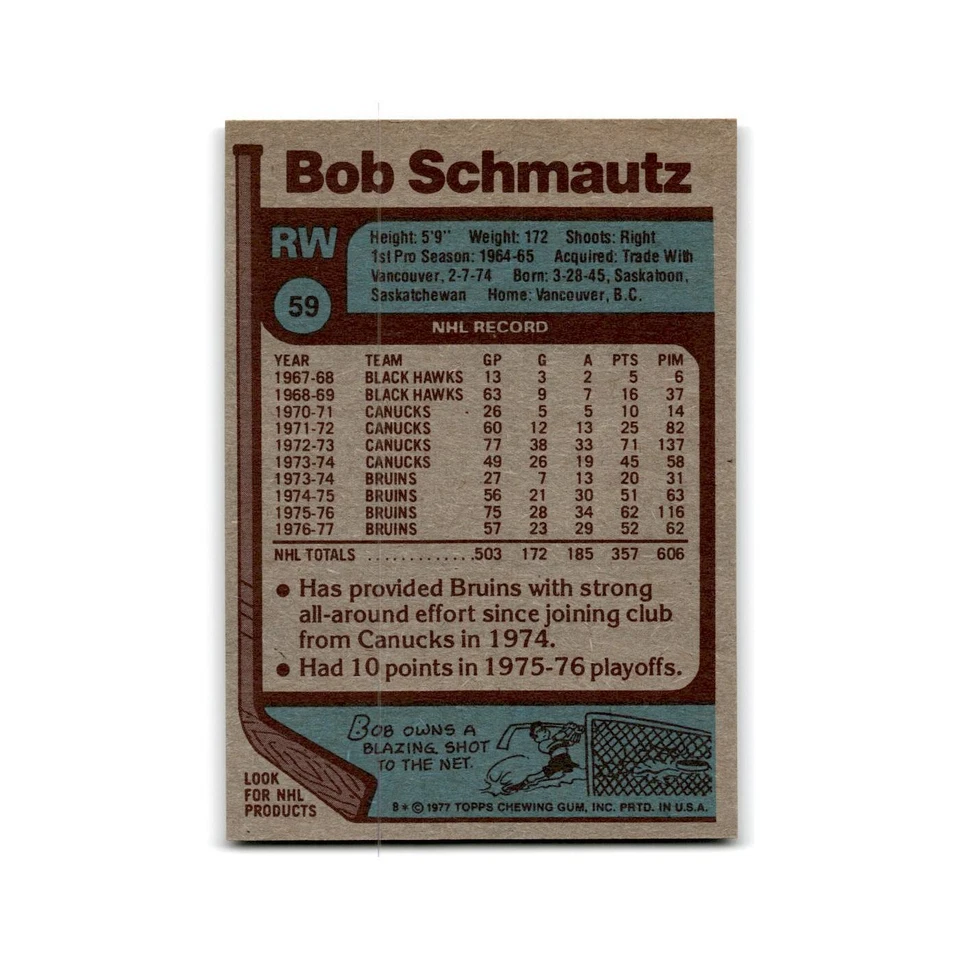1977 Topps Bobby Schmautz Boston Bruins #59 - Image 2 of 3