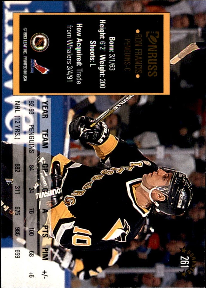 Ron Francis 1993-94 Donruss #261 Pittsburgh Penguins FREE SHIPPING AutographDen - Image 2 of 2