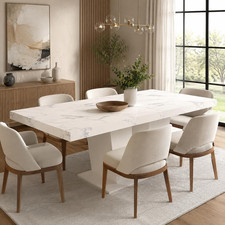 Extendable White Marble Dining Table for 6-10 with Dual Pedestal Base