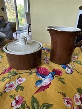Vintage Brown & Ivory Ceramic Cream and Sugar Set - Made in USA, MCM