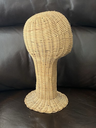 Rattan Wicker Woven Long Neck Head Hat Wig Stand Mannequin Vintage 14” Display