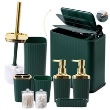 9-Piece Dark Green Bathroom Set with Narrow Trash Can Press Top Lid, Bathroom...