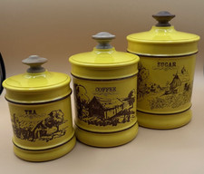 Metal Kitchen Canisters | Yellow | Farm Scene | Tea,Coffee & Sugar