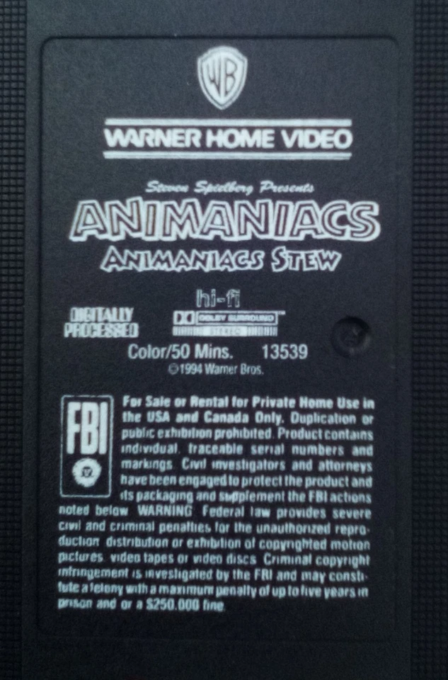 Animaniacs Stew (Gently Used VHS 1994) Warner Bros  ANIMATION Steven Spielberg - Image 3 of 4
