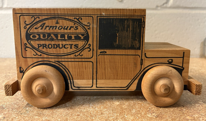 Vintage Armour’s Quality Products Wooden Toy Truck Coin Bank