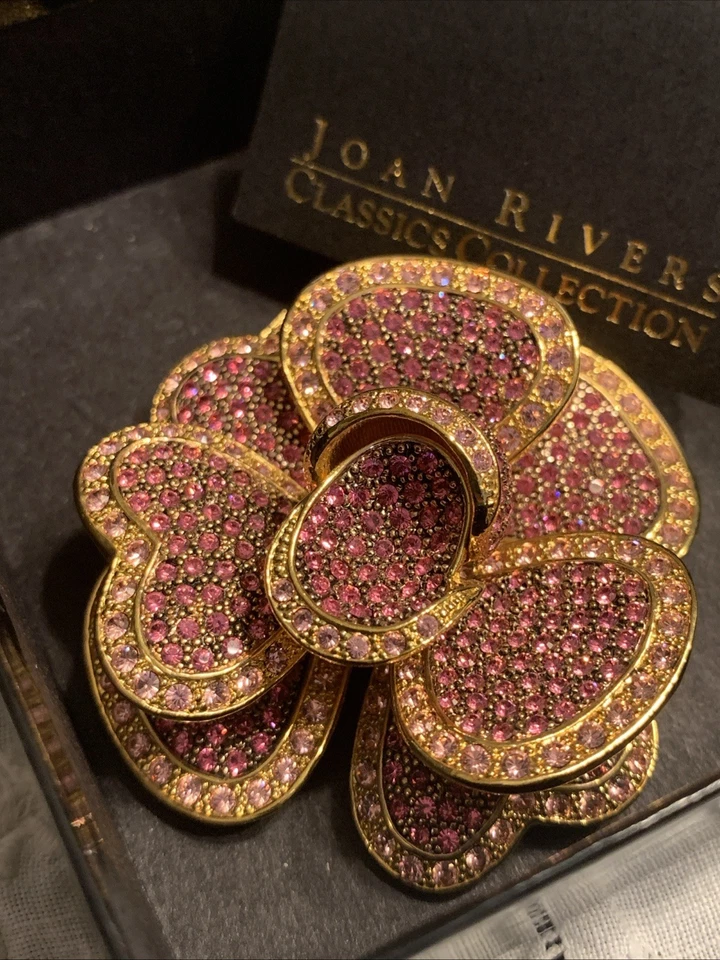 Mint W/ Box- Joan Rivers Pink Pave Stone Floral Flower Goldtone Large Brooch