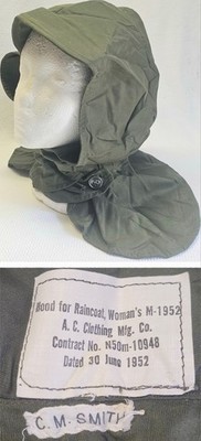 Rare Vintage 1950's Women's US Army Military Raincoat Hood Hat Cap Cold War Era