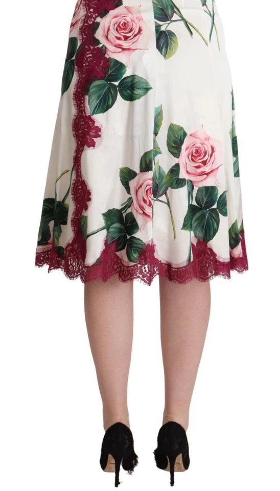 Falda Dolce & Gabbana Aline Blanca Estampado Rosa Cintura Alta Midi IT48/US14/XL $2000 Foto 2 de 4