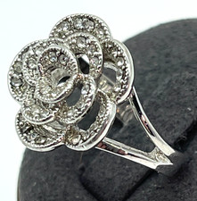 Ring. Silver tone Flower Design Highlighted with Clear Crystal Petals. Size 7