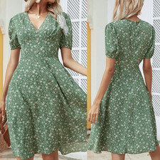 Green Floral midi dress v neck button front puff sleeve feminine Dress boho S