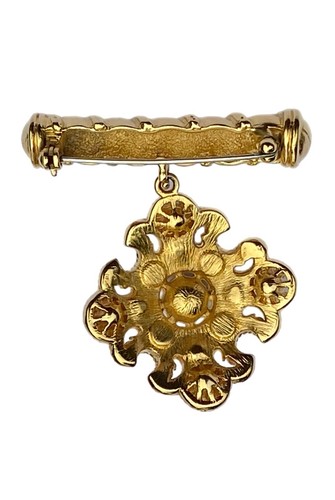 Vintage Maltese Cross Dangle Brooch Pin Gold Tone with Faux Pearl & Rhinestone - Picture 4 of 7