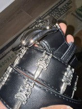 Chrome Heart Black Leather Belt with Silver Chrome Heart Studs