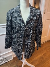 CHICO'S Jacket Sz 3 16 Xl Black Leaf Print Metal Button Front