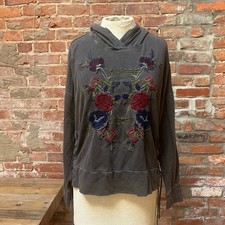 Vtg Lucky Brand Floral Embroidered Lace Up Hoodie Faded Black Los Angeles Medium